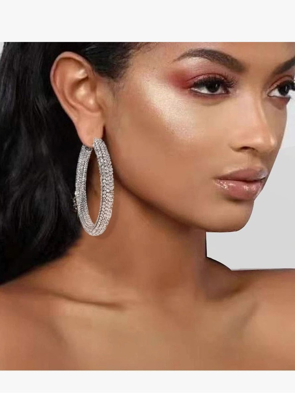 Silver Crystal Pave Hoop Earrings - Elegant Women Jewelry